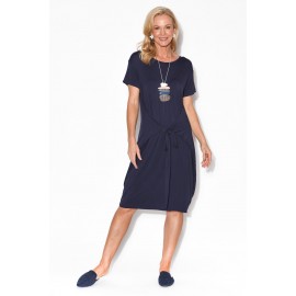 Navy Tie Cotton Midi Dress