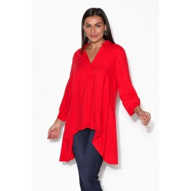 Red Linen Blend Tunic Top